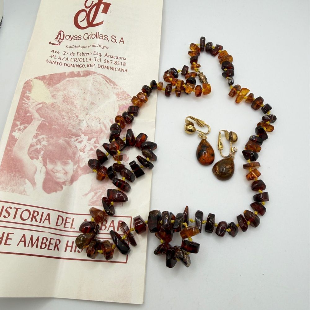 Vintage Doyas Criollas 24" Amber chip necklace and‎ Amber clip on earrings set!